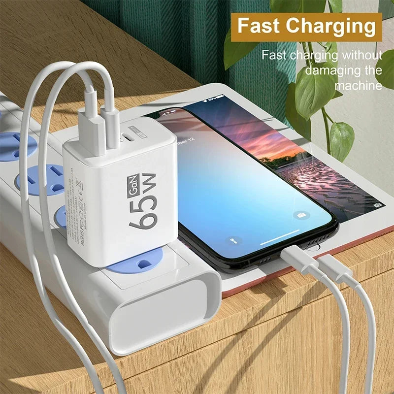 65W GaN USB C Charger 3 Ports Fast Charging Type C Phone Charger Adapter For iPhone 15 Samsung Xiaomi Huawei Quick Wall Charger
