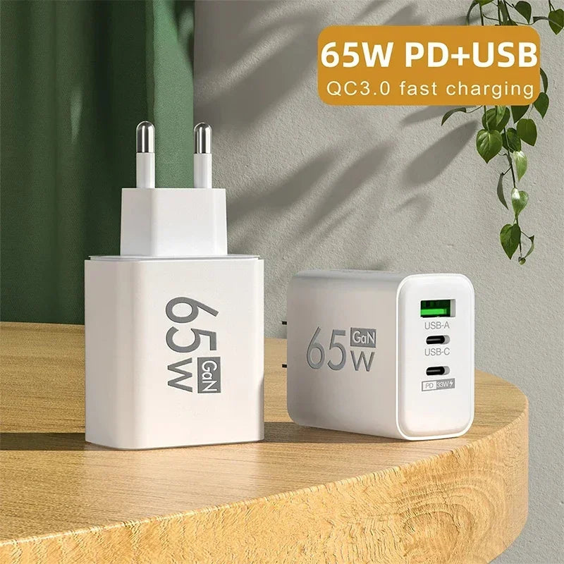 65W GaN USB C Charger 3 Ports Fast Charging Type C Phone Charger Adapter For iPhone 15 Samsung Xiaomi Huawei Quick Wall Charger