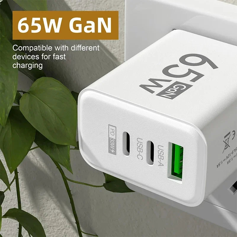 65W GaN USB C Charger 3 Ports Fast Charging Type C Phone Charger Adapter For iPhone 15 Samsung Xiaomi Huawei Quick Wall Charger
