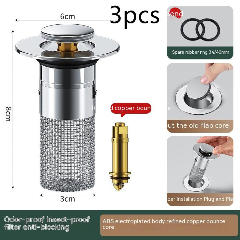 Long Pop-Up Sink Drains Filter Bathroom Press
