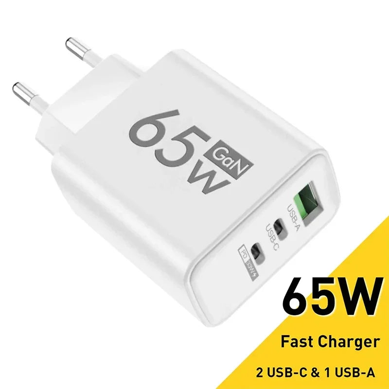 65W GaN USB C Charger 3 Ports Fast Charging Type C Phone Charger Adapter For iPhone 15 Samsung Xiaomi Huawei Quick Wall Charger
