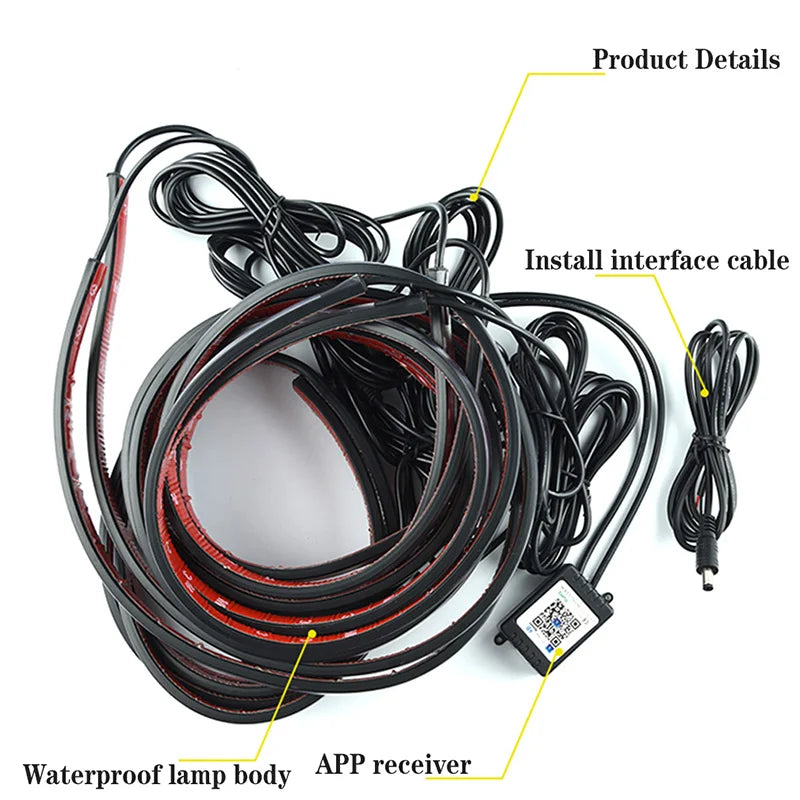 Car Underglow Neon Accent Strip Light Kit 8 Color Sound Active Function APP/Remote Control 4pcs LED Underbody System Light Strip