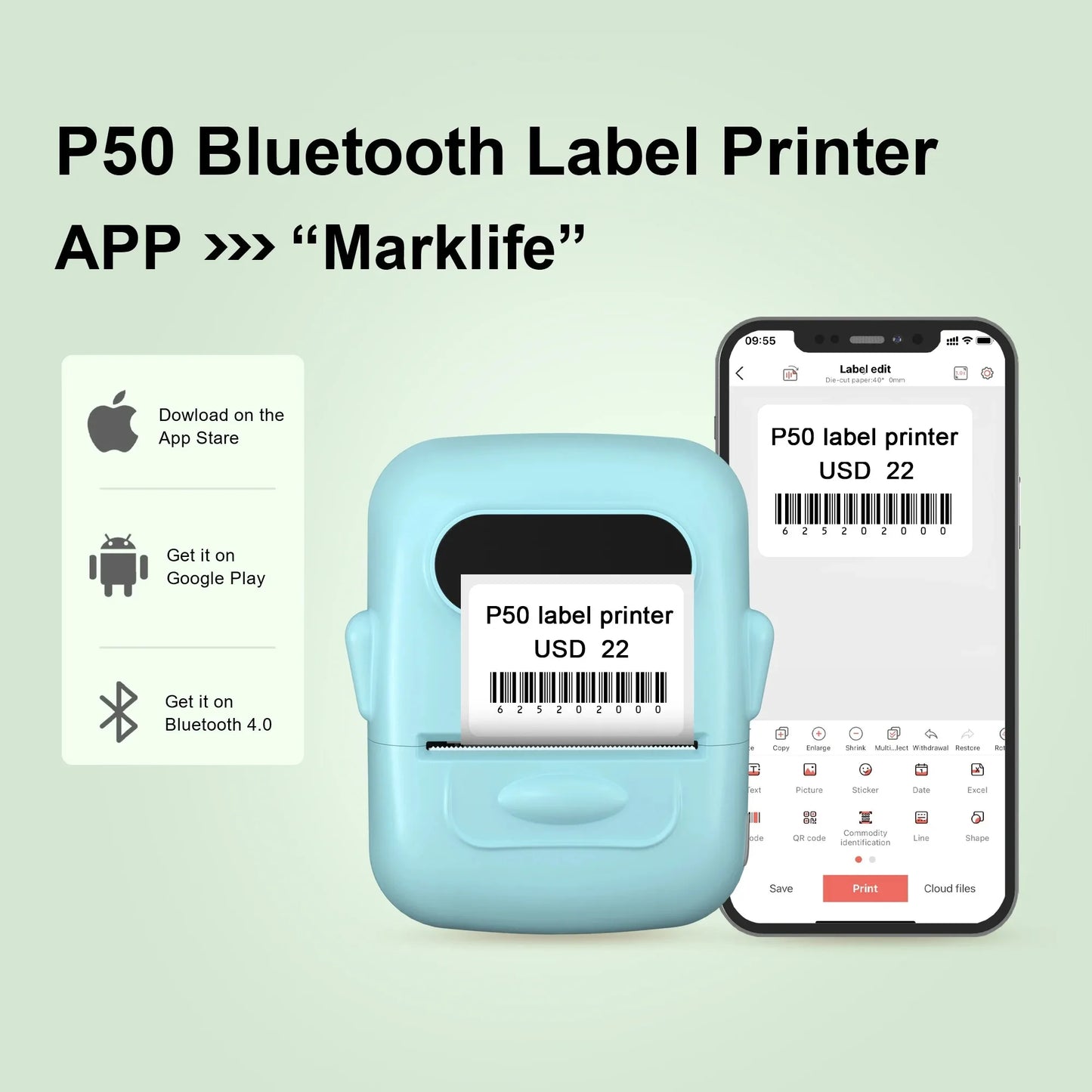 MARKLife P50 Thermal Wireless Label Printer Portable Bluetooth Sticker Mini Printer Barcode Label Maker Price Tag Printers DIY