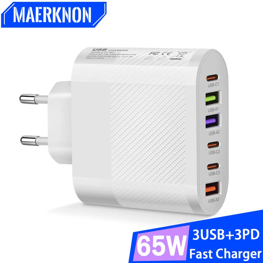 65W 6 Ports USB Type C Charger QC3.0 USB PD Fast Charge Wall Charger For iPhone Xiaomi Samgsung Multi Port Phone Charger Adapter
