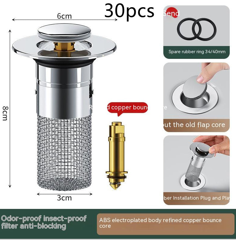 Long Pop-Up Sink Drains Filter Bathroom Press